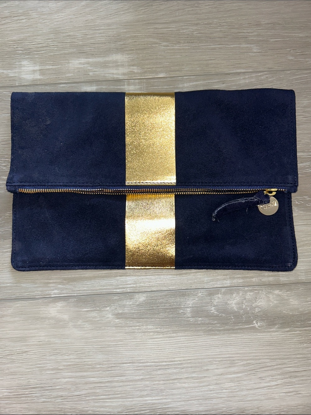 LIKE NEW Clare V. x Vogue Navy & Gold Suede Fold-over Clutch - Picture 4 of 8